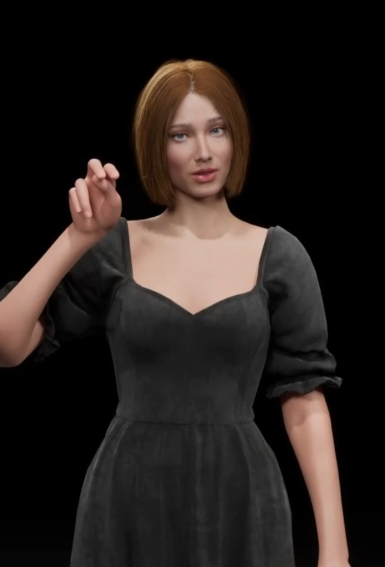 The SignaNova avatar in a black dress, mid-sign